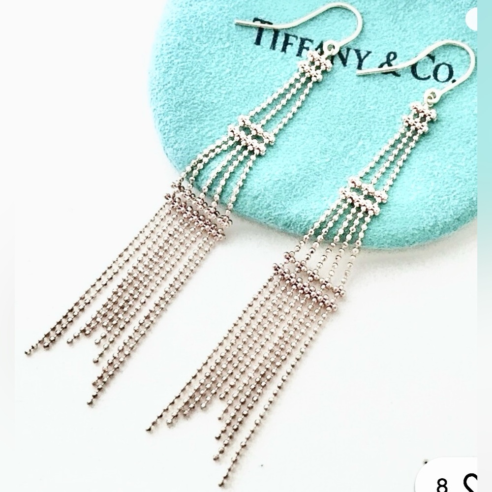 Tiffany & Co. Silver Cut Ball Chain Mesh Fringe Dangle Long